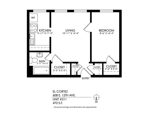 Floor plan for 1 bed, 1 bath, 480 sqft